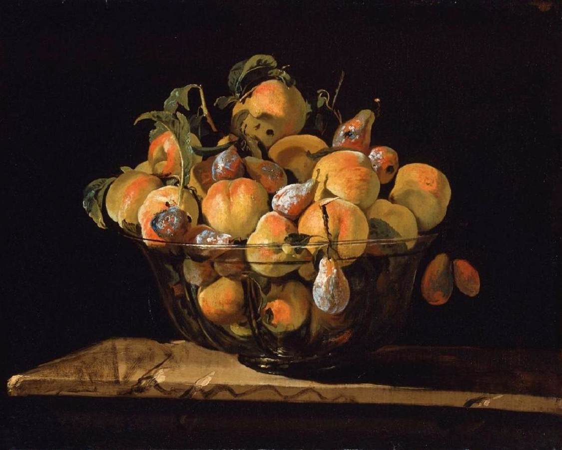 Peaches and Pears in Glass Bowl
