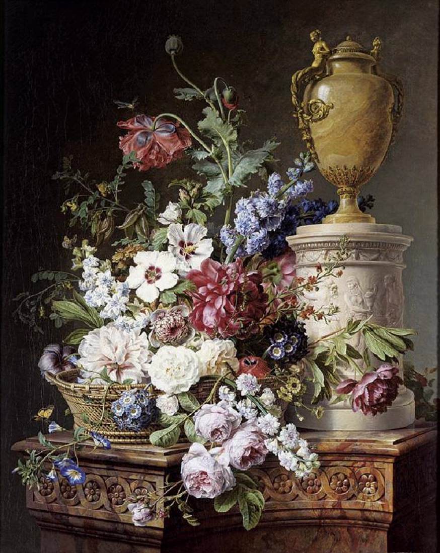 Still-Life with Flowers and Insects on Marble Plinth