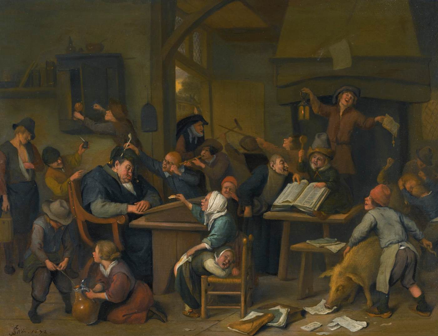 Riotous Schoolroom with a Snoozing Schoolmaster