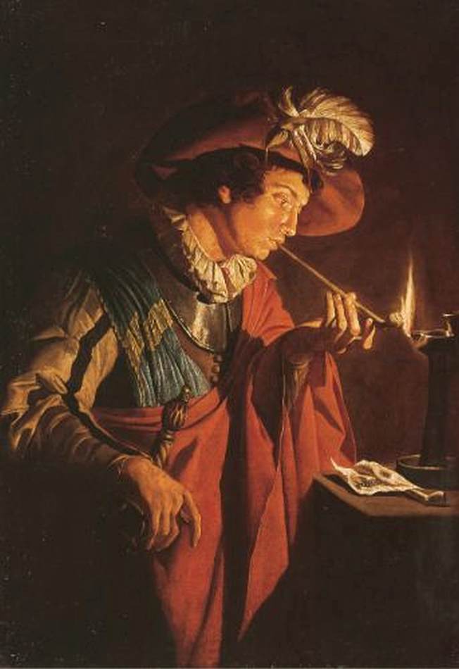Cavalier Lighting a Pipe from an Oil Lamp