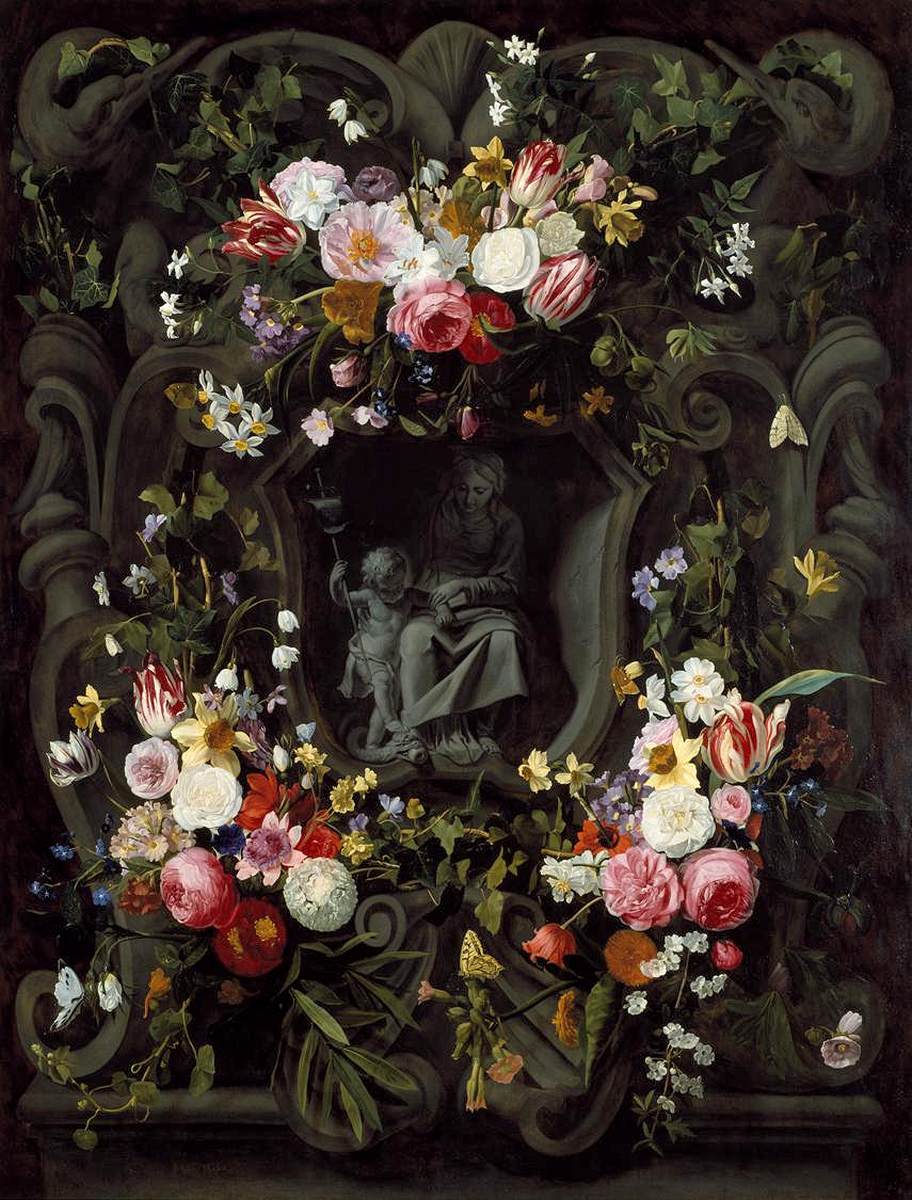A Stone Cartouche with the Virgin and Child, Encircled by a Garland of Flowers