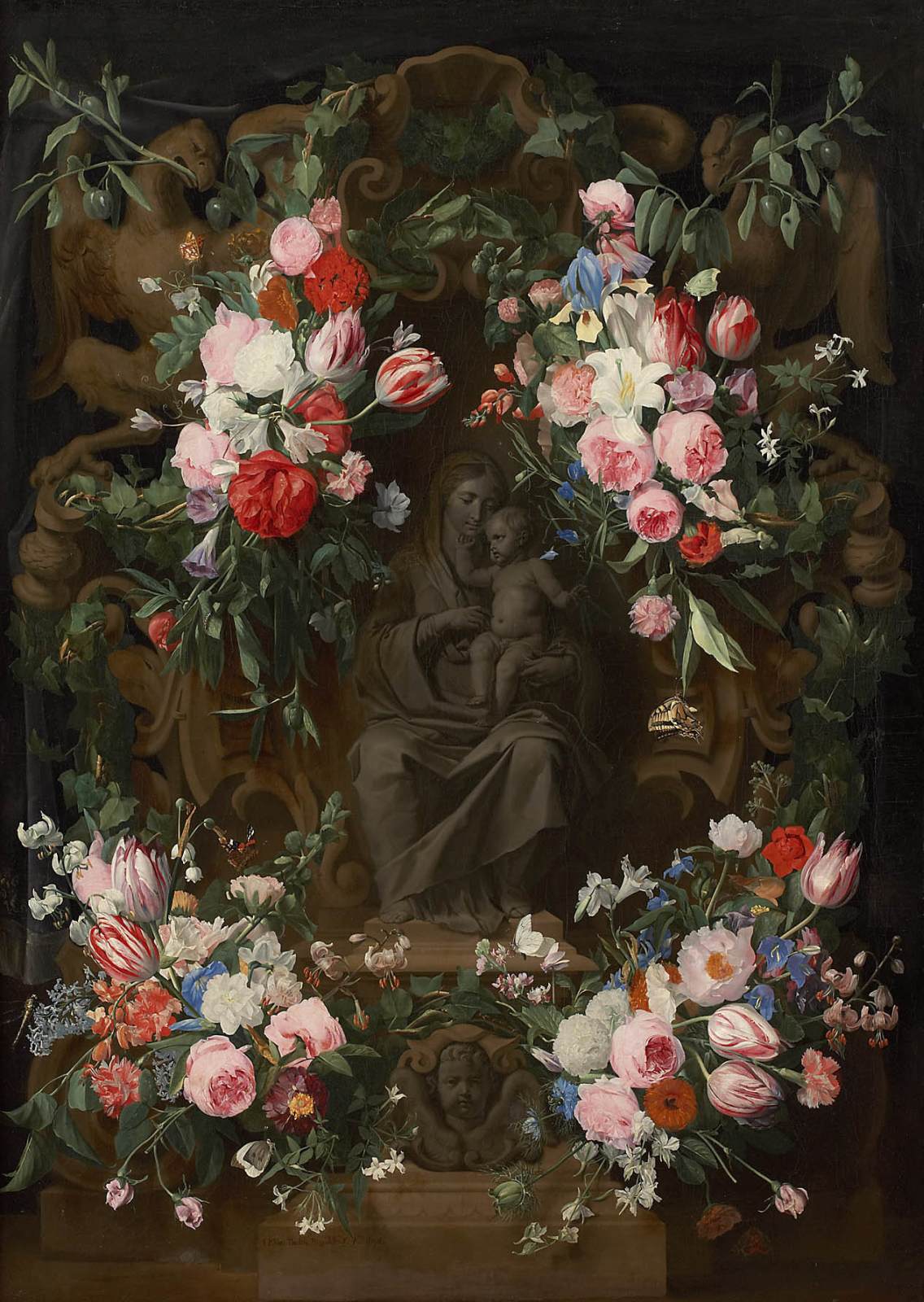 Garlands of Flowers surrounding a Sitting Madonna