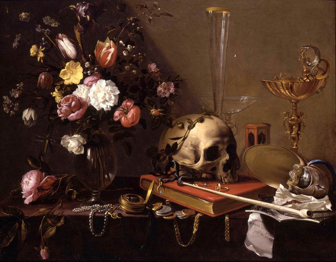 Vanitas Still-Life with a Bouquet and a Skull