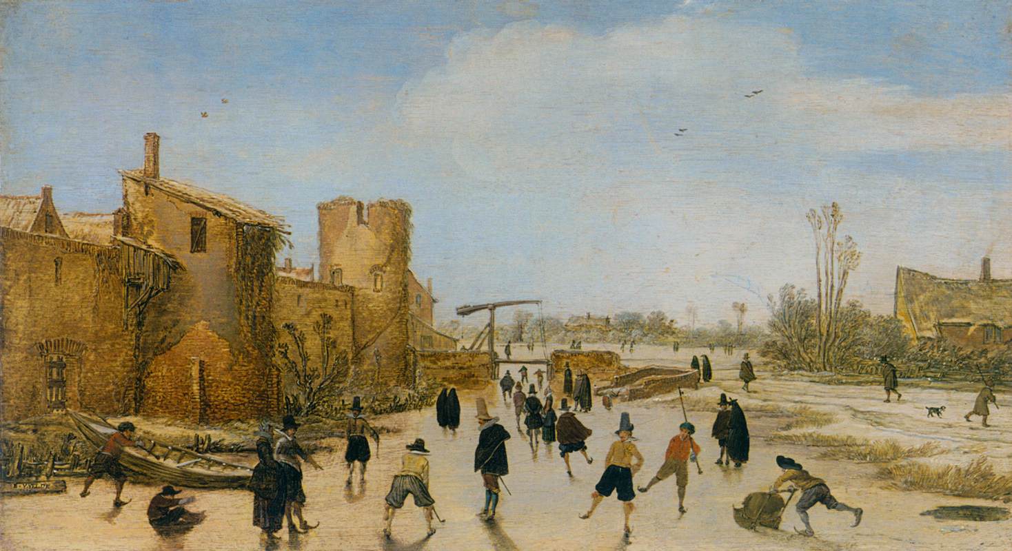 The Joy of Ice on a Frozen Canal near a Walled Town