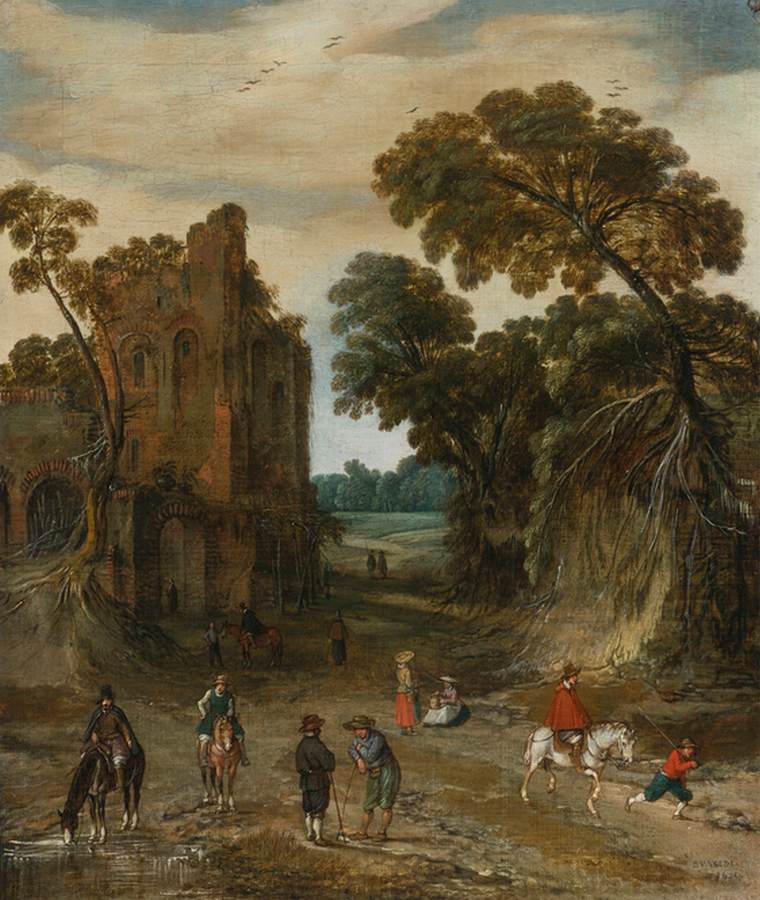 Riders on a Path between Ruins and a High Bank