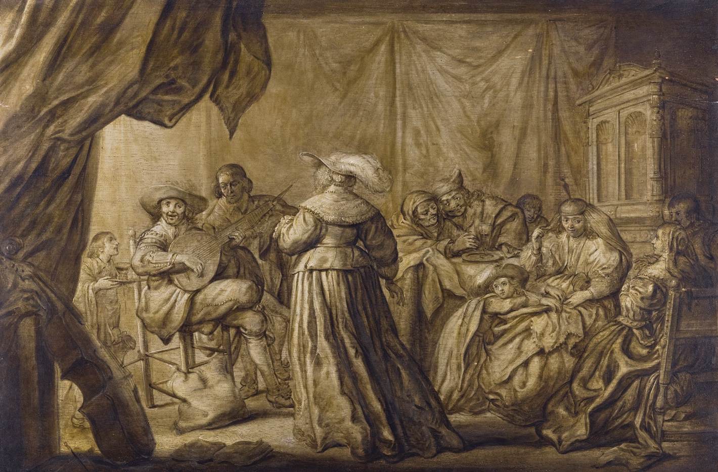 Interior Scene with Elegant Figures Playing Music