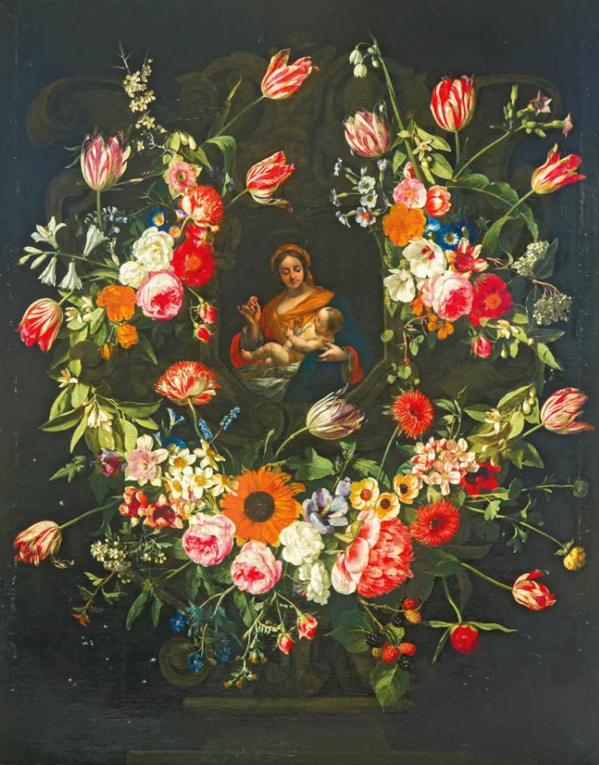 Virgin and Child in a Stone Niche, Surrounded by Garland of Flowers
