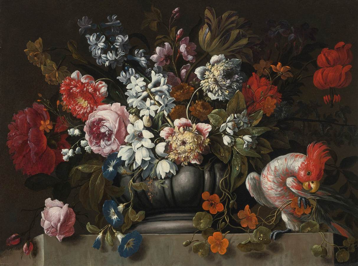 Still-Life of Flowers in a Stone Urn with a Parrot
