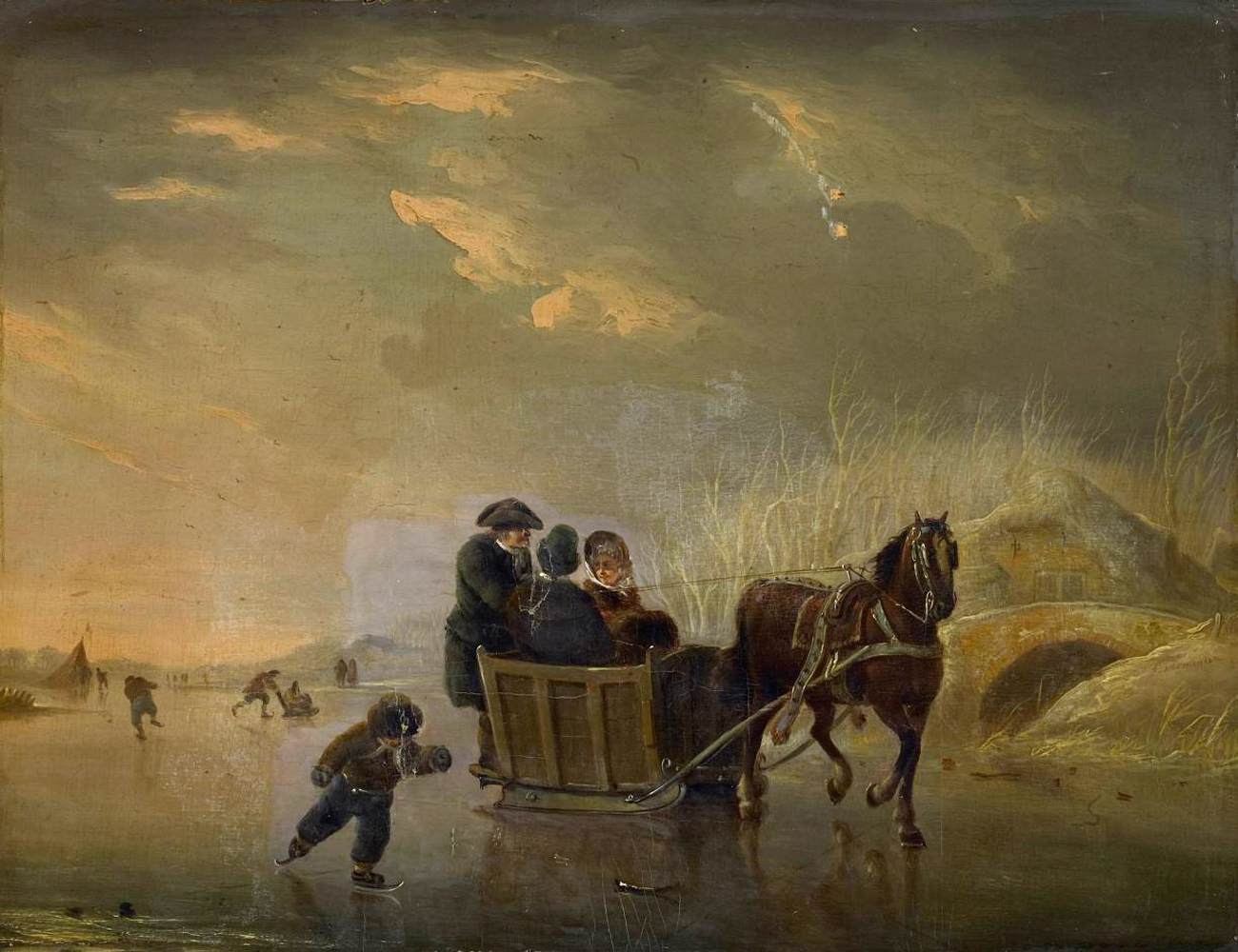 Sled and Skaters on Ice