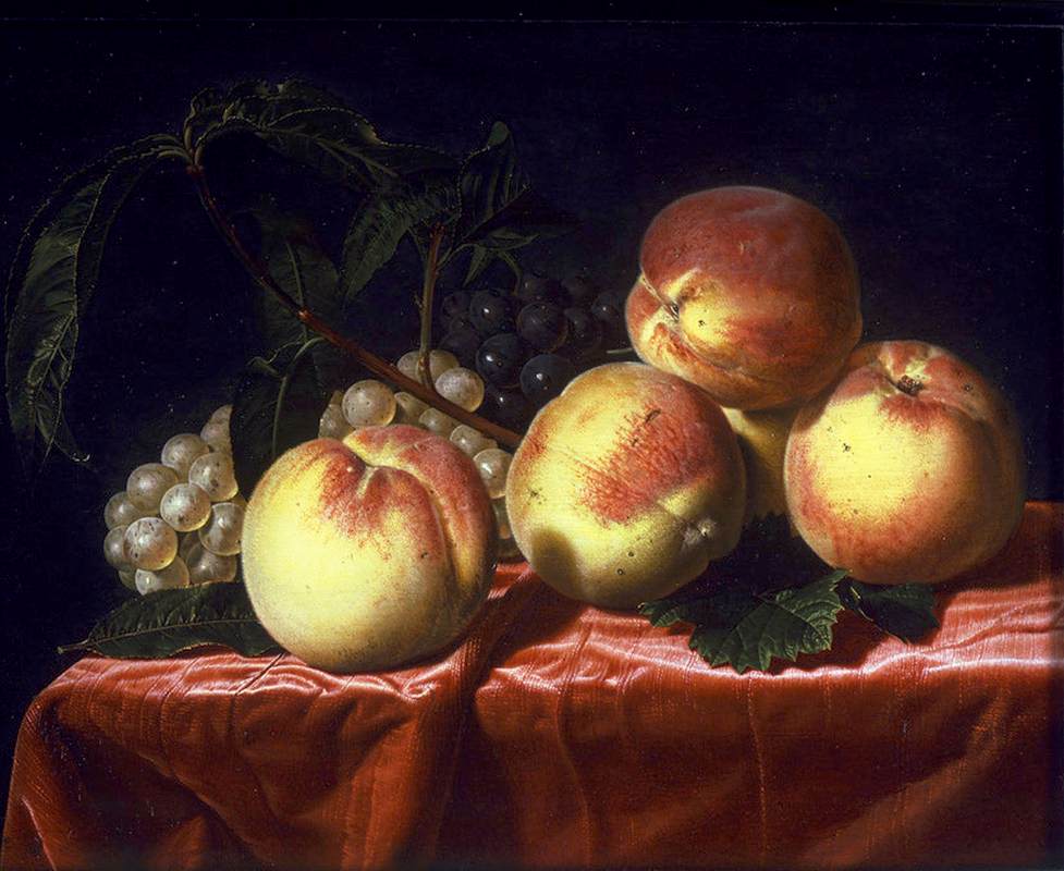 Peaches and Grapes on a Draped Table
