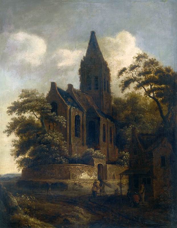 Travellers on a Road, Resting beside a Walled Church