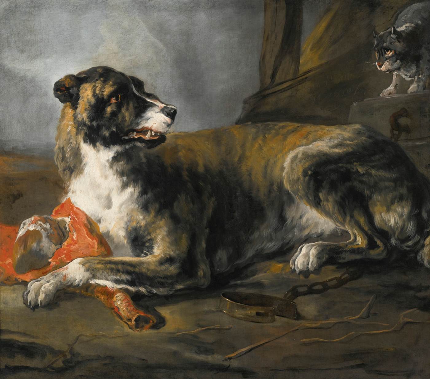 Hound with a Joint of Meat and a Cat Looking On by Jan Baptist Weenix