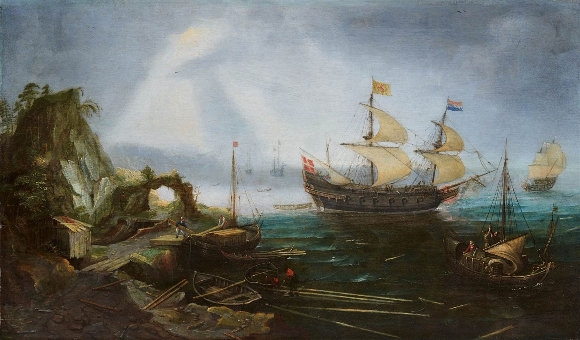 Coastal Landscape with a Warship at Anchor