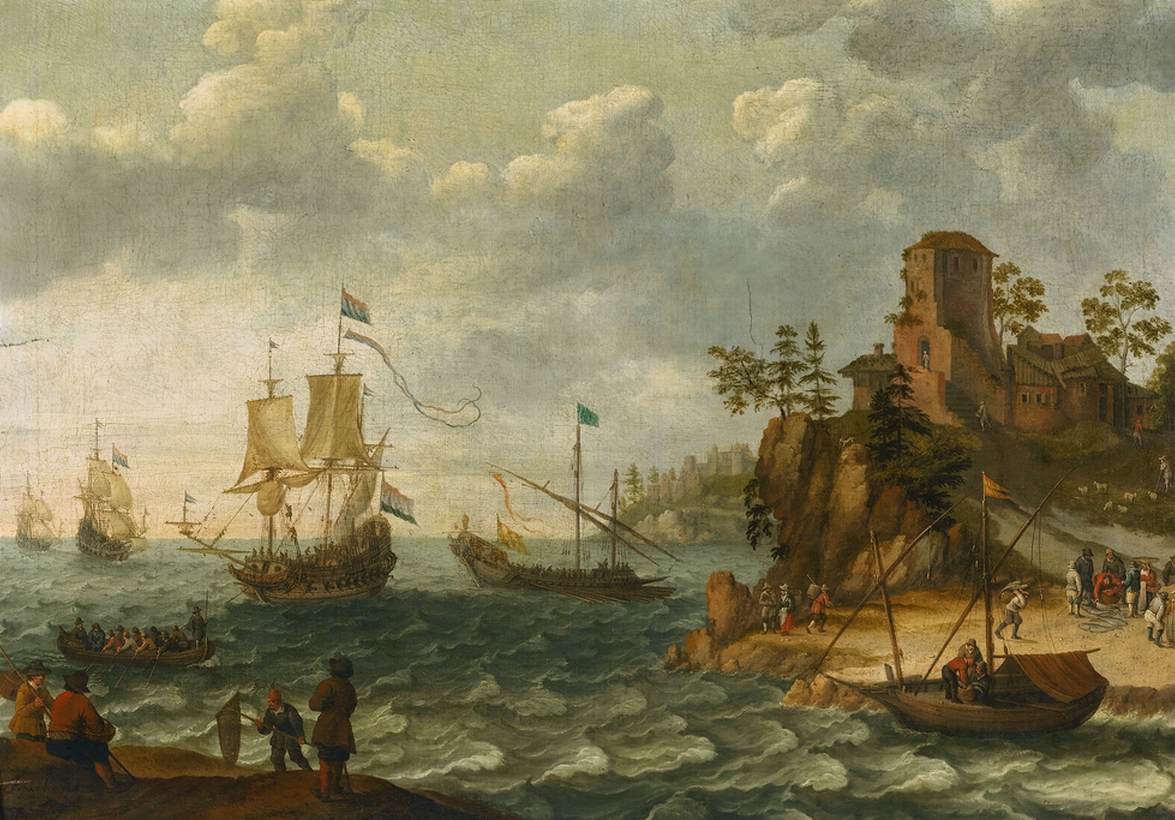 Ships Moored Off a Rocky Coastline