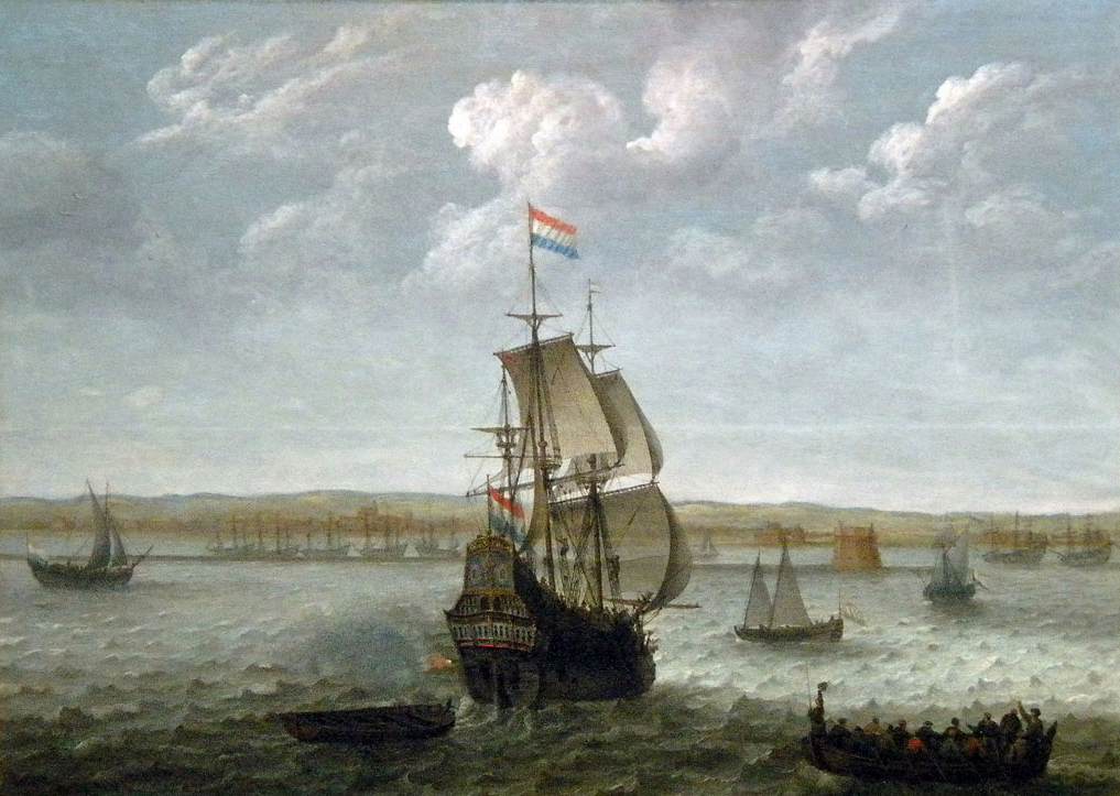 A Dutch Warship off a Harbour Firing a Salute
