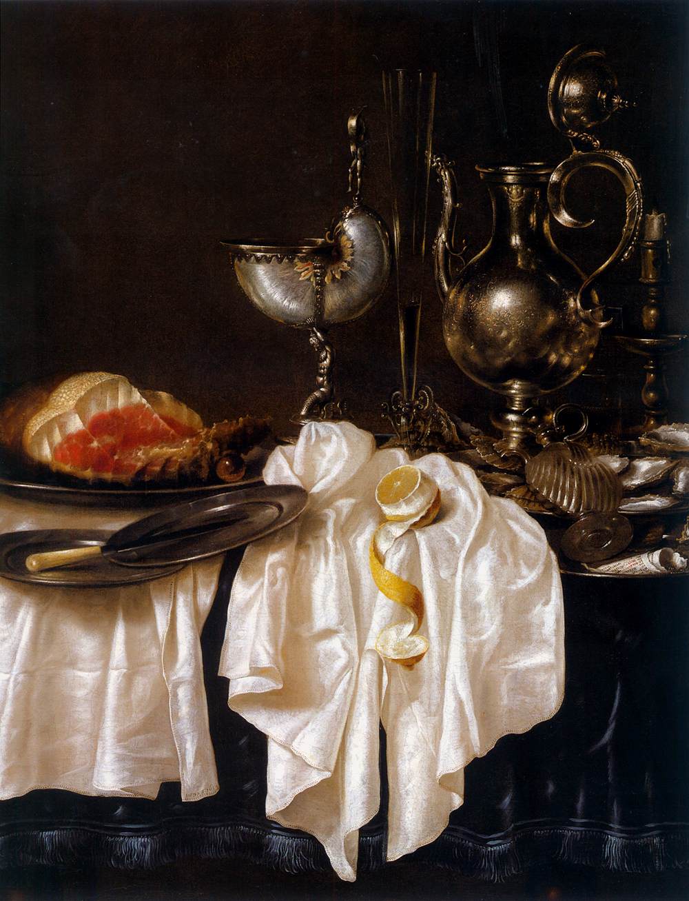 Still-Life with Ham, Bread and Precious Vessels (detail)